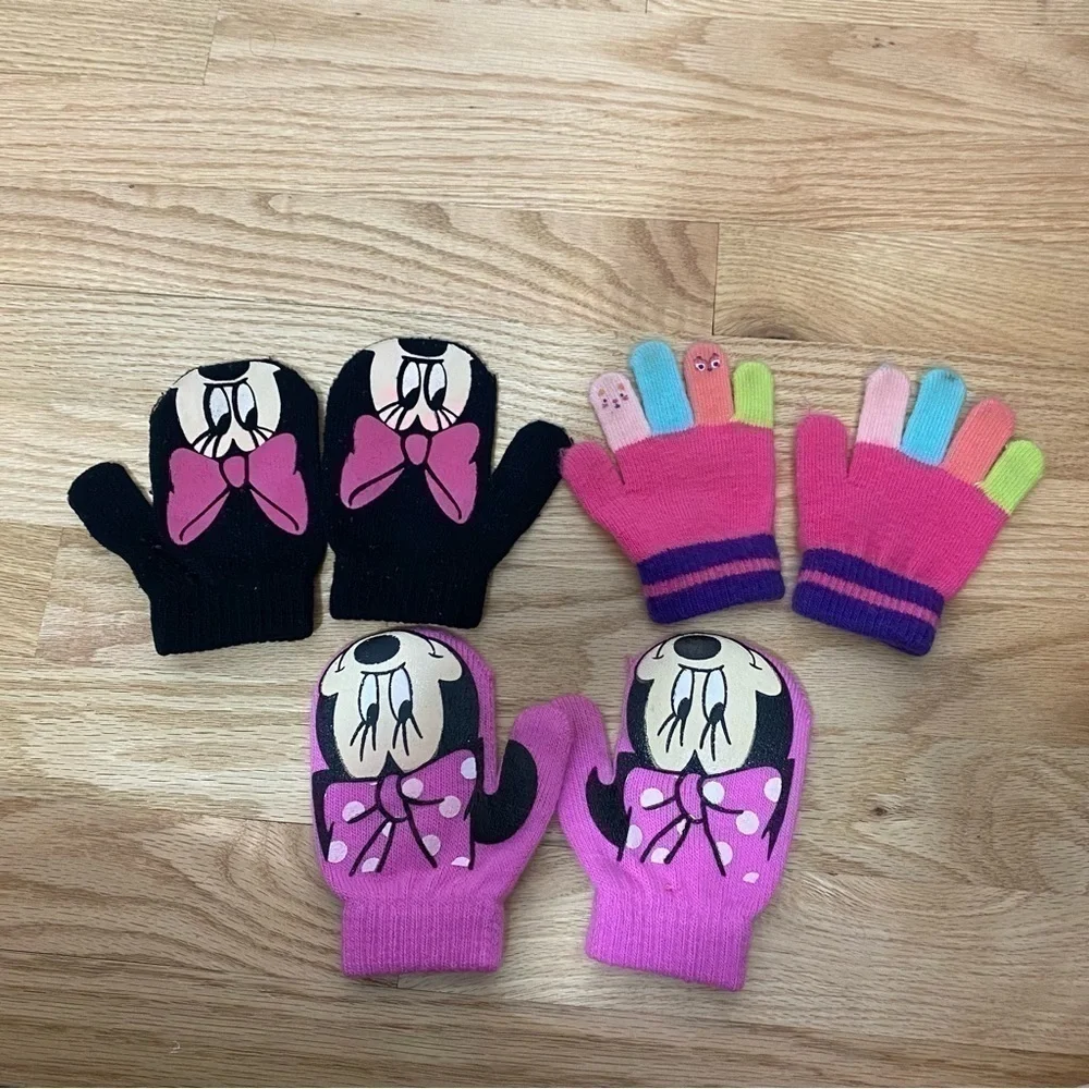 Minnie Mouse Mitten Glove Bundle Lot Kids Girls Black Pink 2T Disney